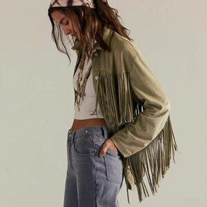 NWT Free People Fringe Out Vegan Suede Jacket We The Free Green Medium